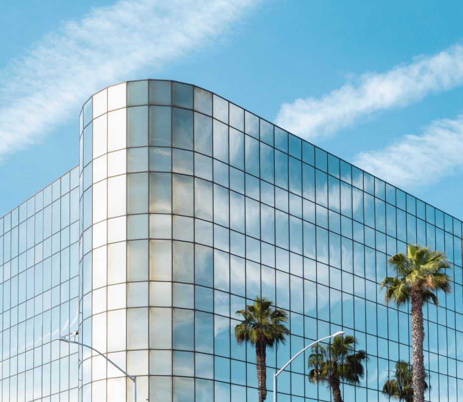 Glass building with palm trees