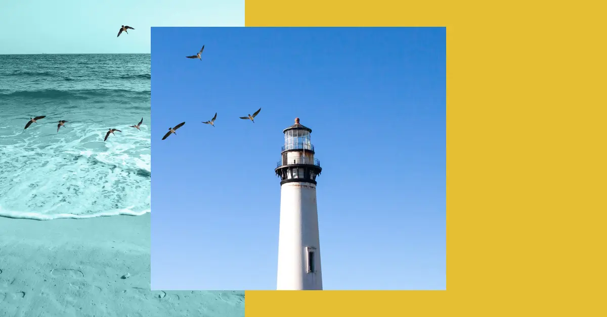Image of a lighthouse with birds flying toward it
