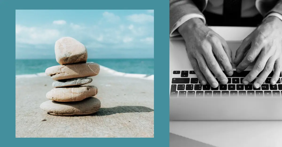 A collage of images: stack or rocks and business professional on keyboard.
